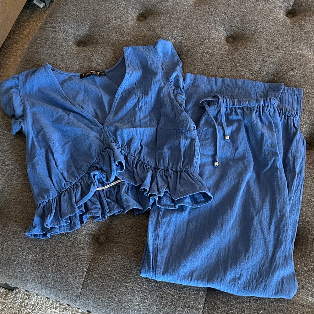 Blue ruffled tank and pants set